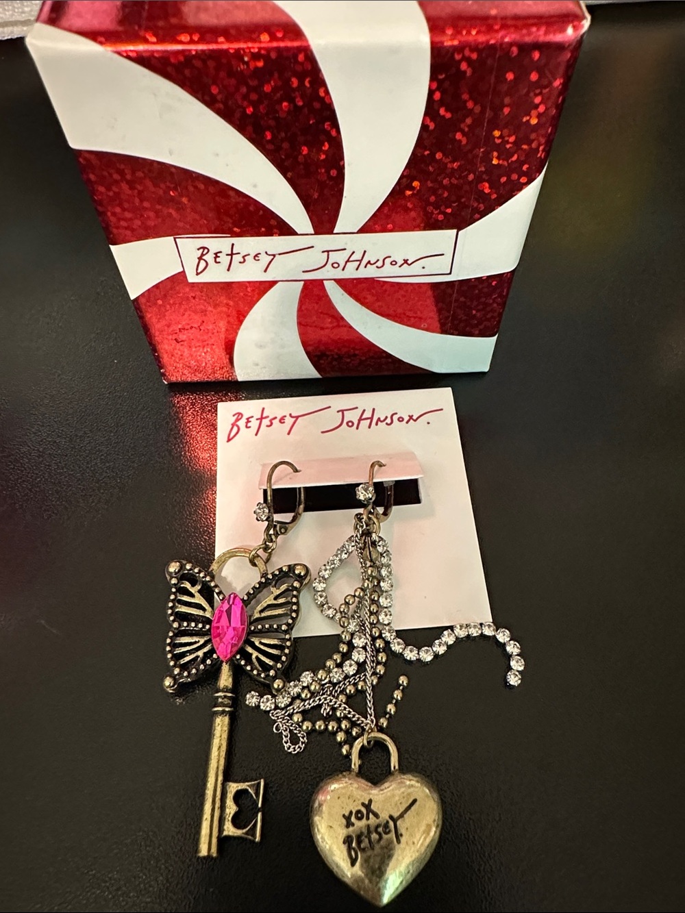 Betsey Johnson Pink Butterfly Key and Heart Charm Earrings